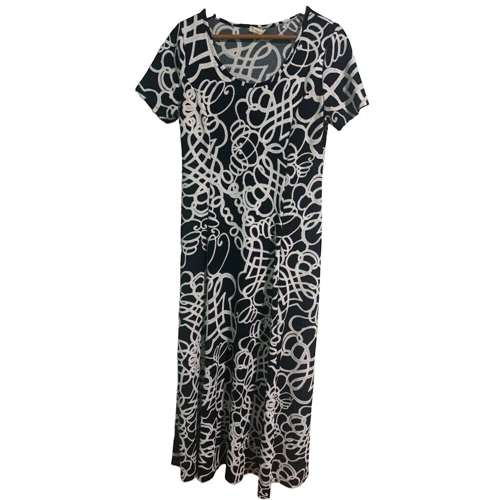 Haani Maxi Dress L Black White Abstract Stretch Short Sleeve Travel Vacation 54”